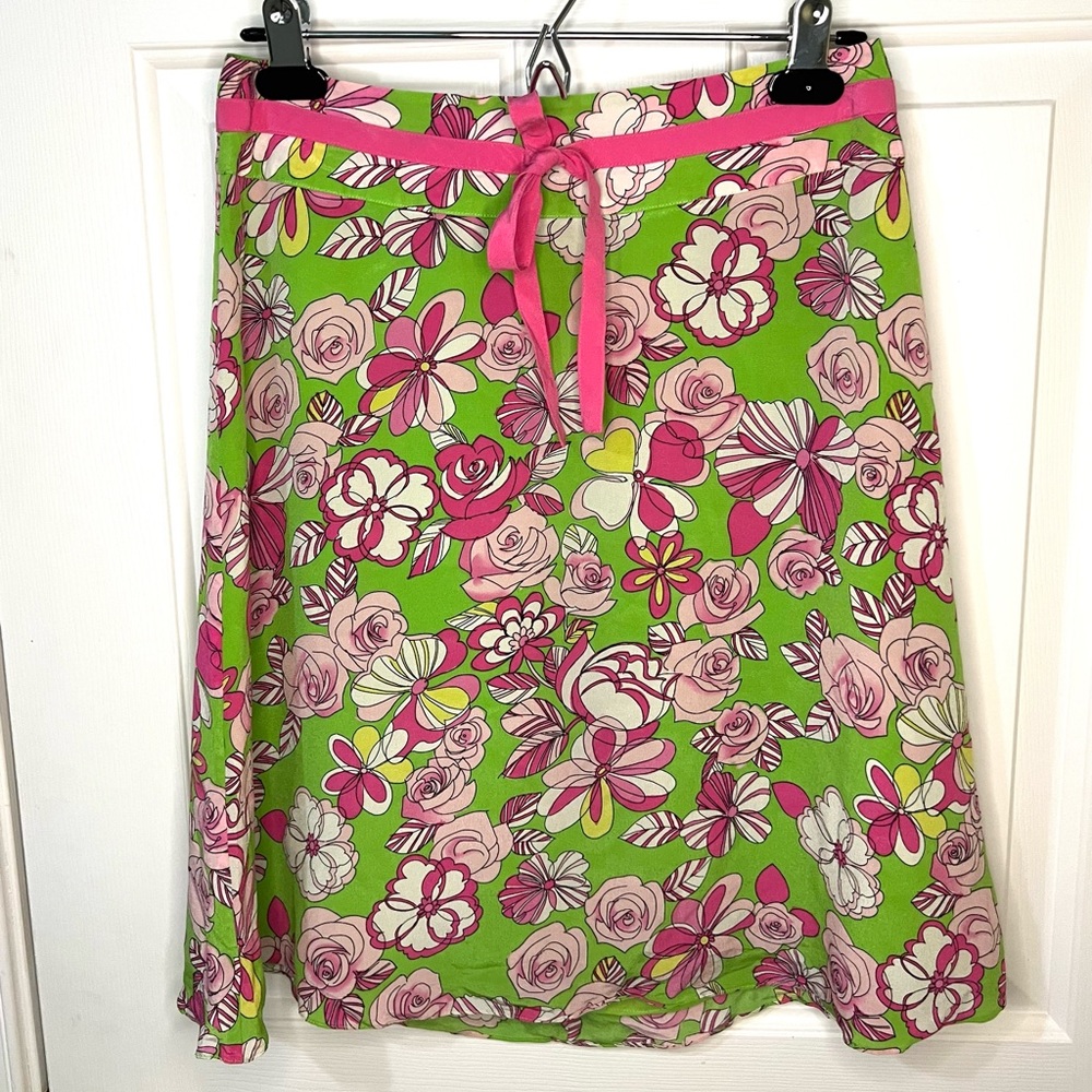 S.L.B. Vintage Green Pink Floral 100% Silk Zip Skirt, Size 8